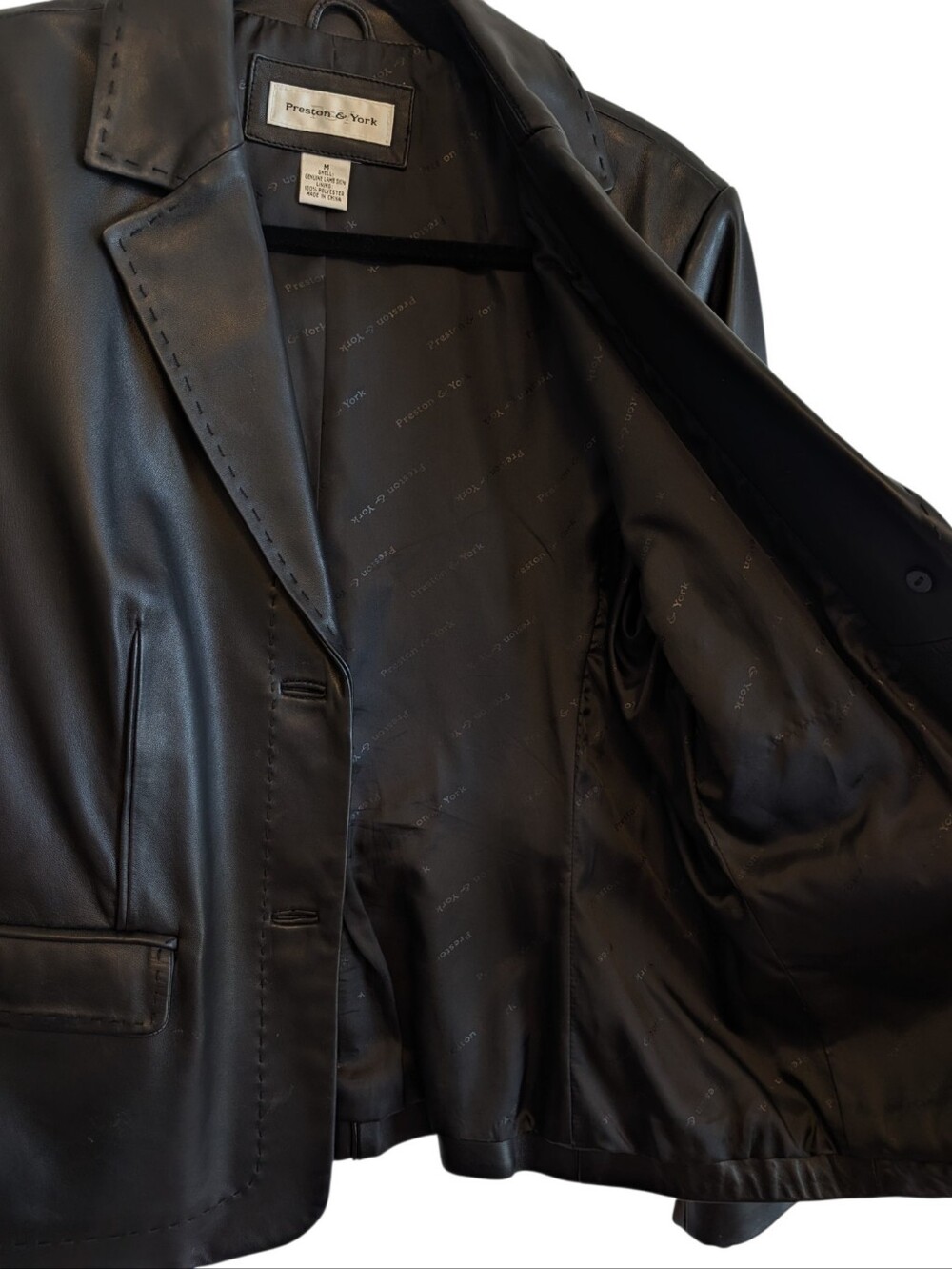 Vintage Preston & York Black Lambskin Leather Blazer Jacket Womens M Minimal 90s